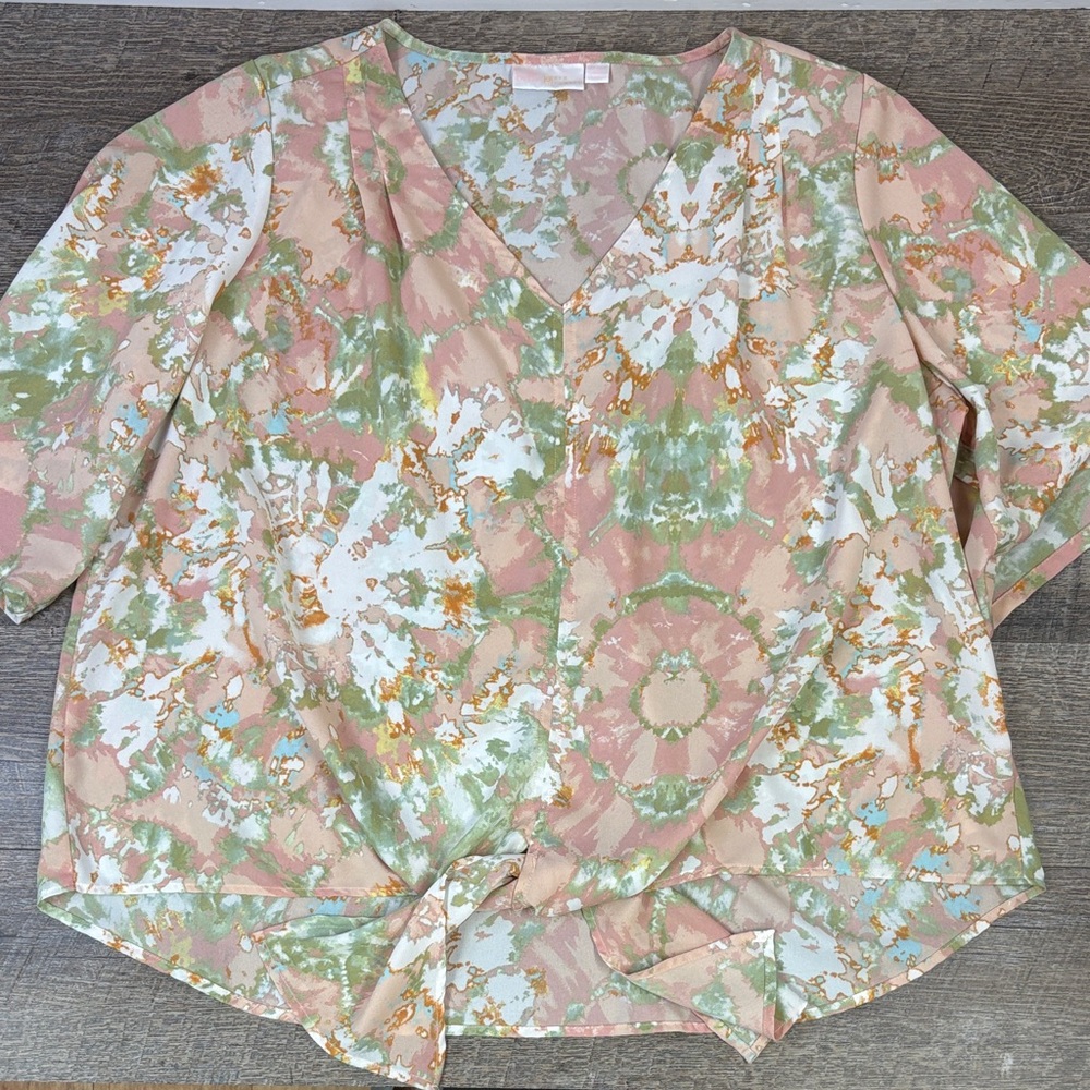 Belle by Kim Gravel Pastel Abstract Blouse | V-Neck Tie Front | Size 2X